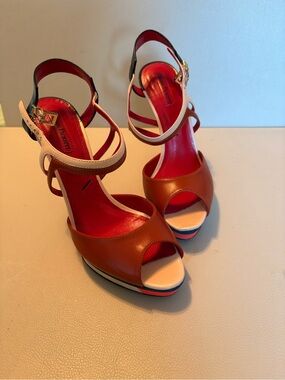 Cesare Paciotti Brown, Red and Cream Strappy Platform Heels